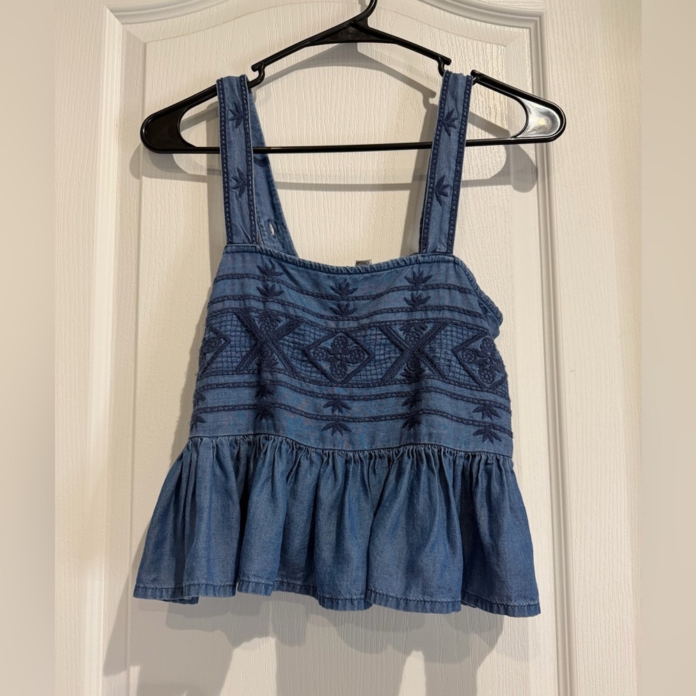 American Eagle Outfitters Blue Embroidered Denim Crop Top